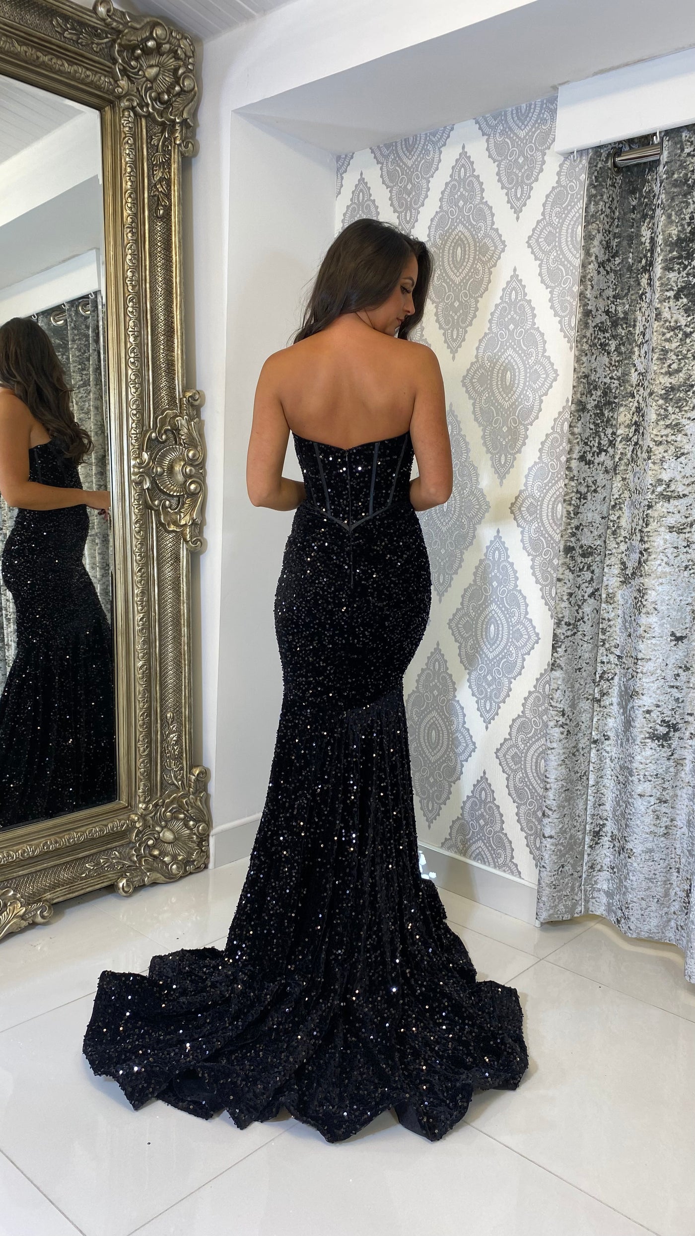 Black Sequin Corset Strapless Evening Gown
