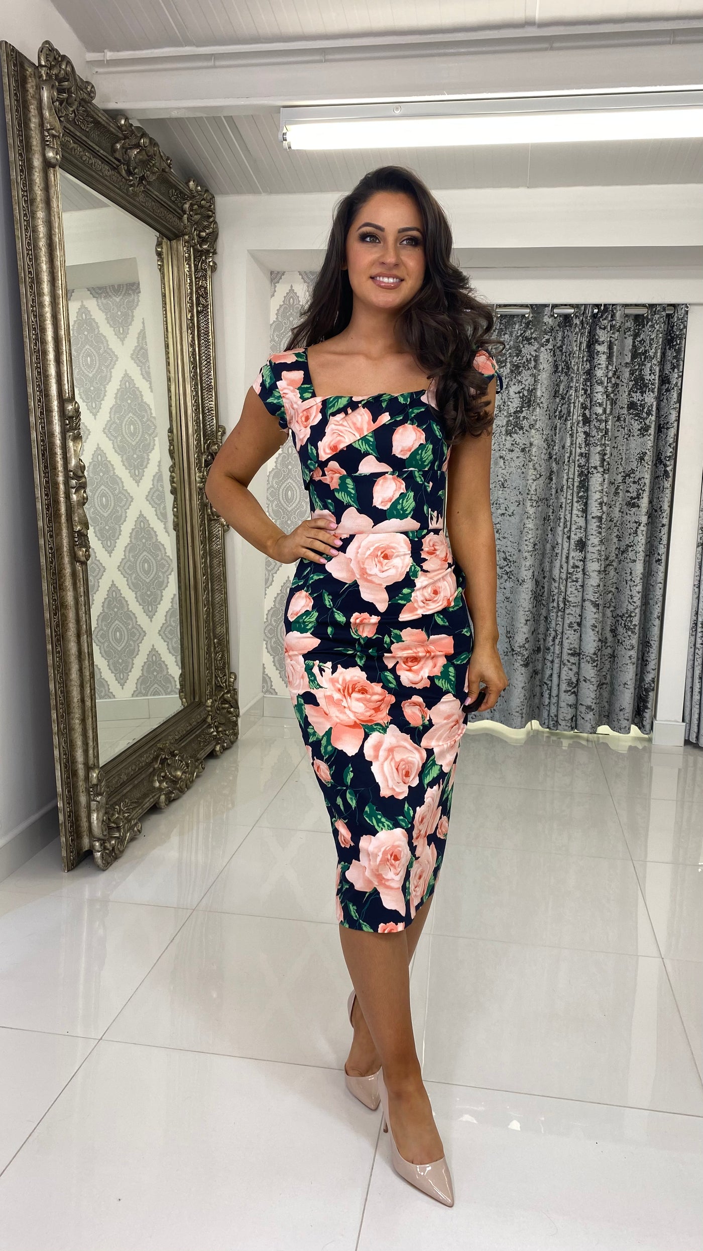 Navy & Peach Floral Square Neck Pencil Dress