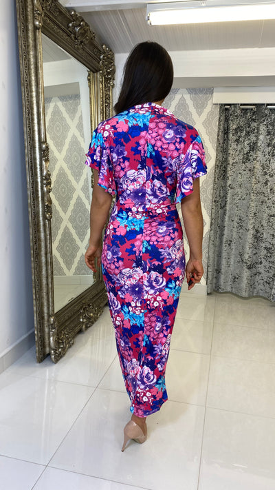 Purple/Pink Floral Print Frill Sleeve Dress