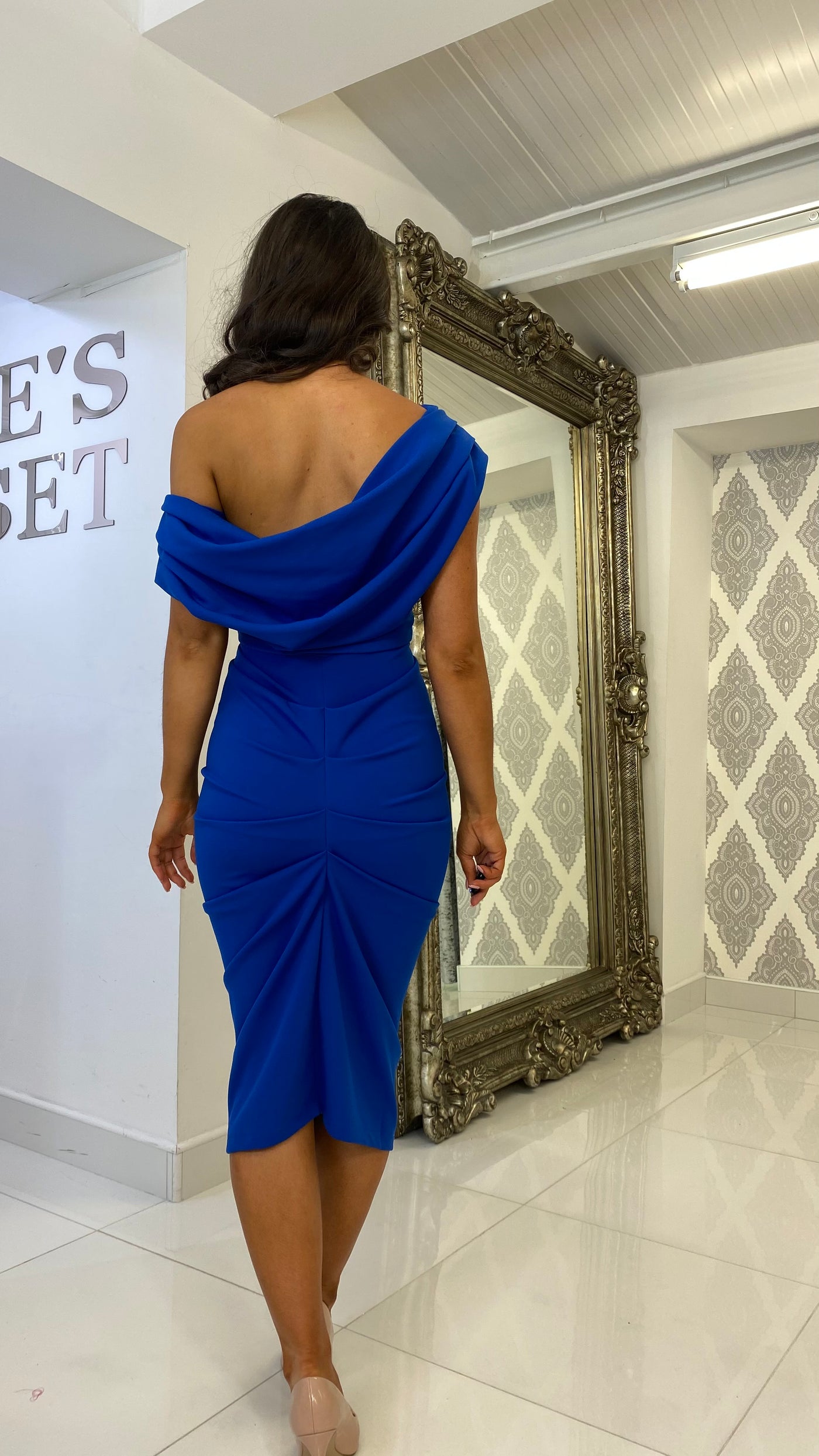cobalt blue bodycon midi dress DRESS the POPULATION Cobalt Blue Strappy Gwen Stretch Knit Bodycon Midi S = 4/6