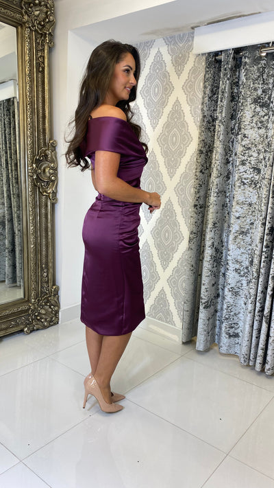 Plum Satin Bardot Midi Dress