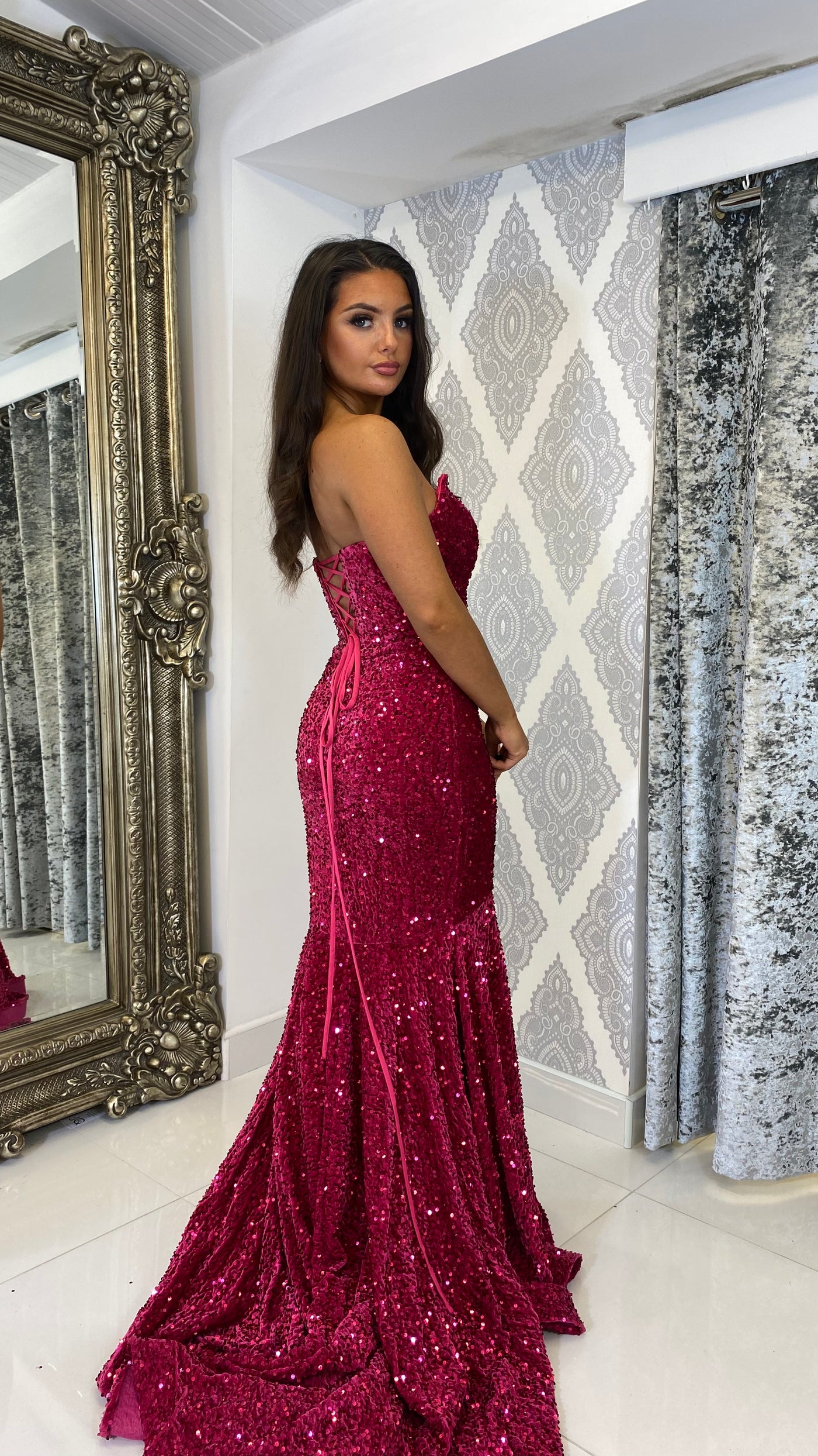 Fuchsia Sequin Lace-up Evening Gown