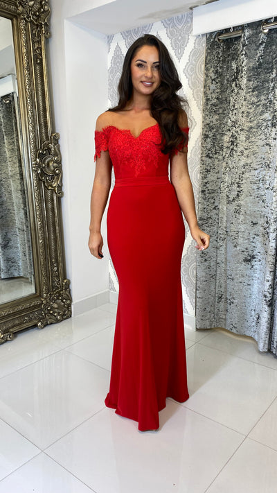 Red Lace Top Bardot Evening Gown
