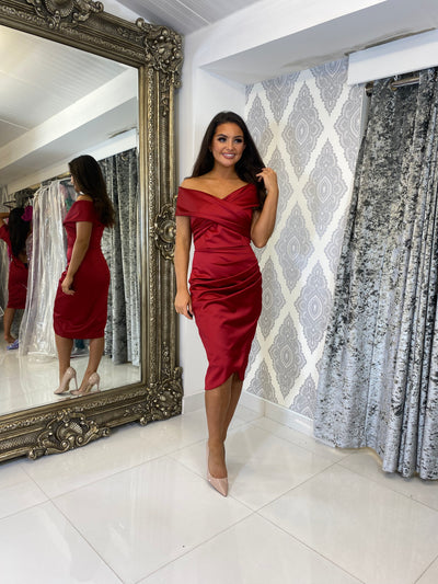 Red Satin Bardot Midi Dress