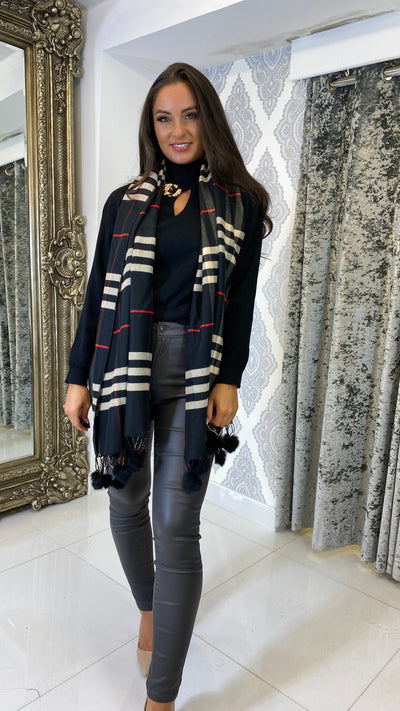 Black Check Pom-Pom Wool Winter Scarf