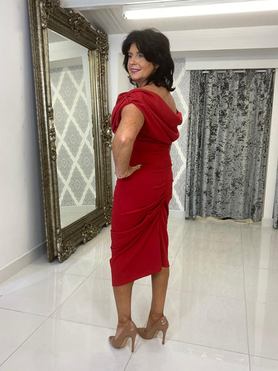 Red Drape Shoulder Midi Bodycon Dress