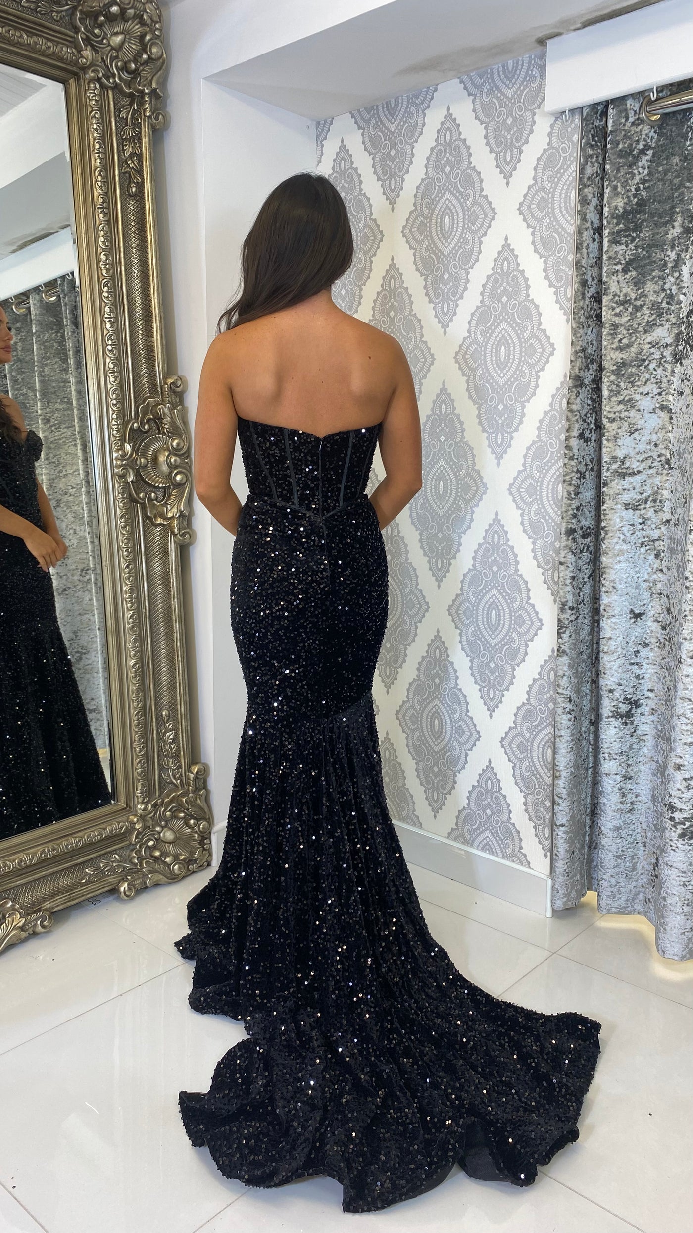 Black Sequin Corset Strapless Evening Gown