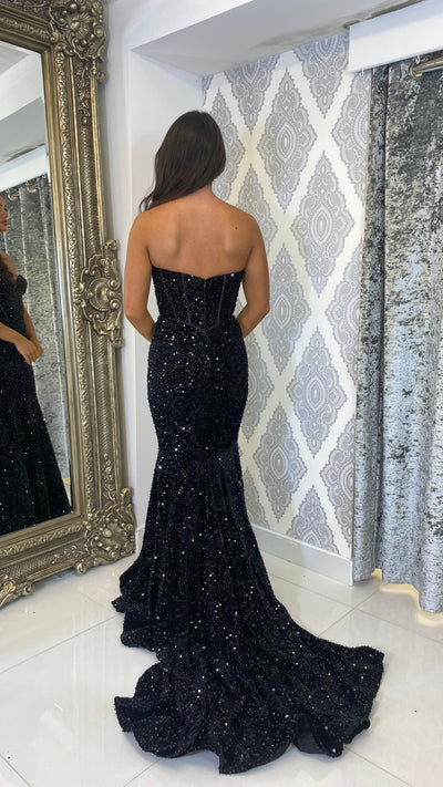 Black Sequin Corset Strapless Evening Gown