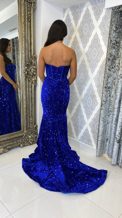Cobalt Blue Sequin Corset Strapless Evening Gown