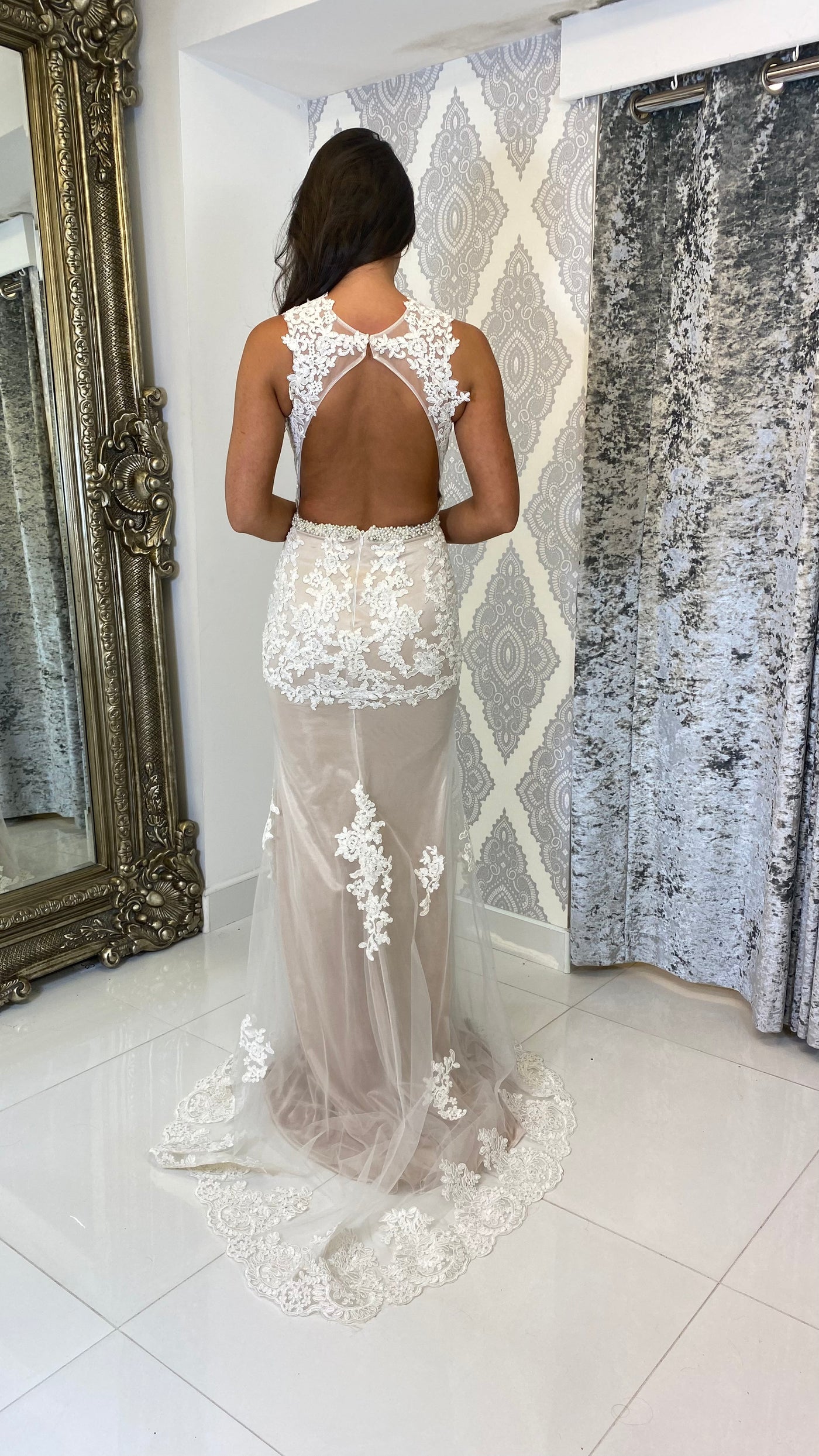 Ivory Lace High Neck Backless Evening Gown