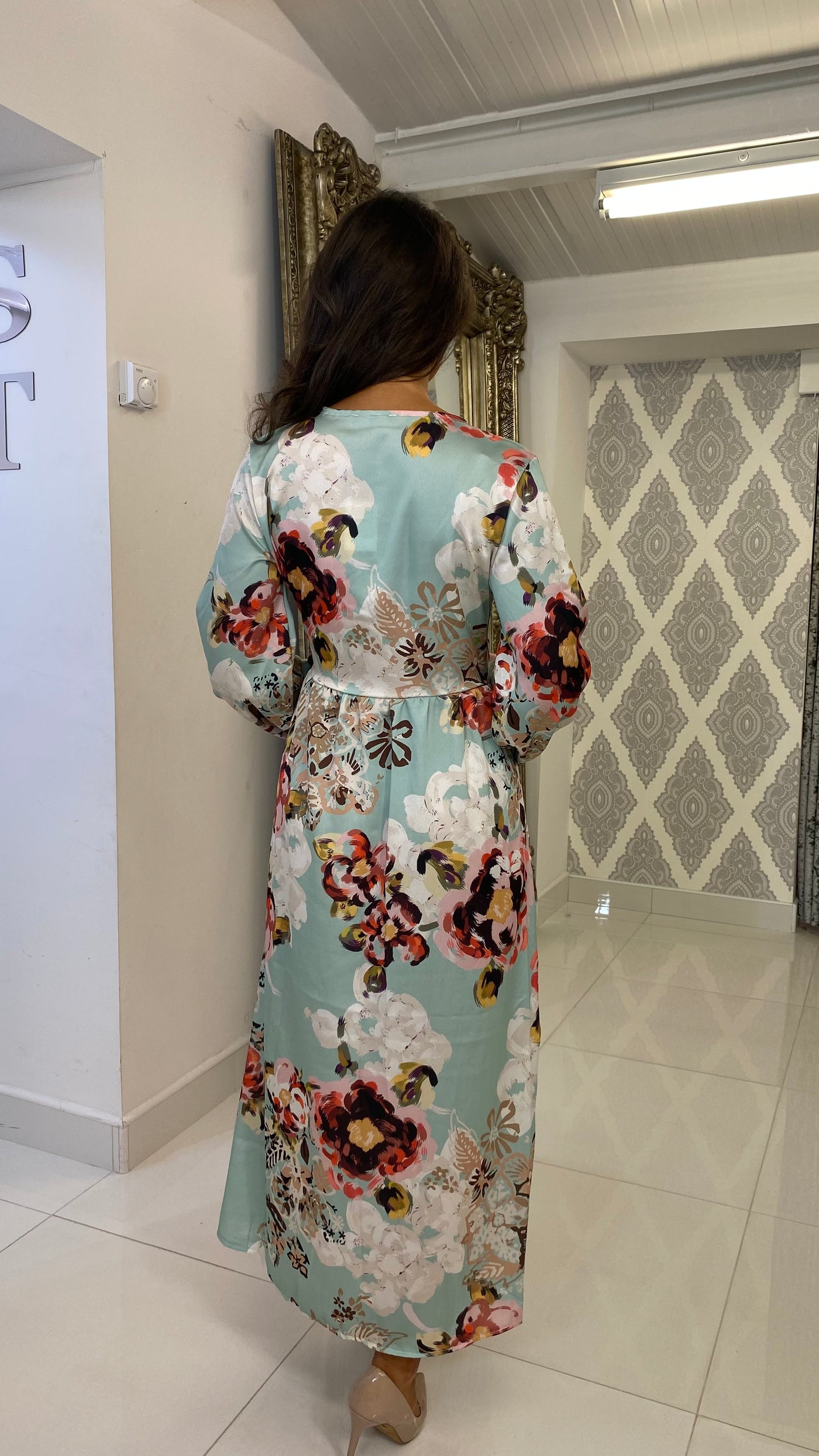 Mint Satin Floral Wrap Dress