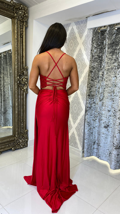 Red Drape Detail Corset Evening Gown