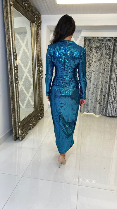 Petrol Blue Sequin Midi Wrap Party Dress
