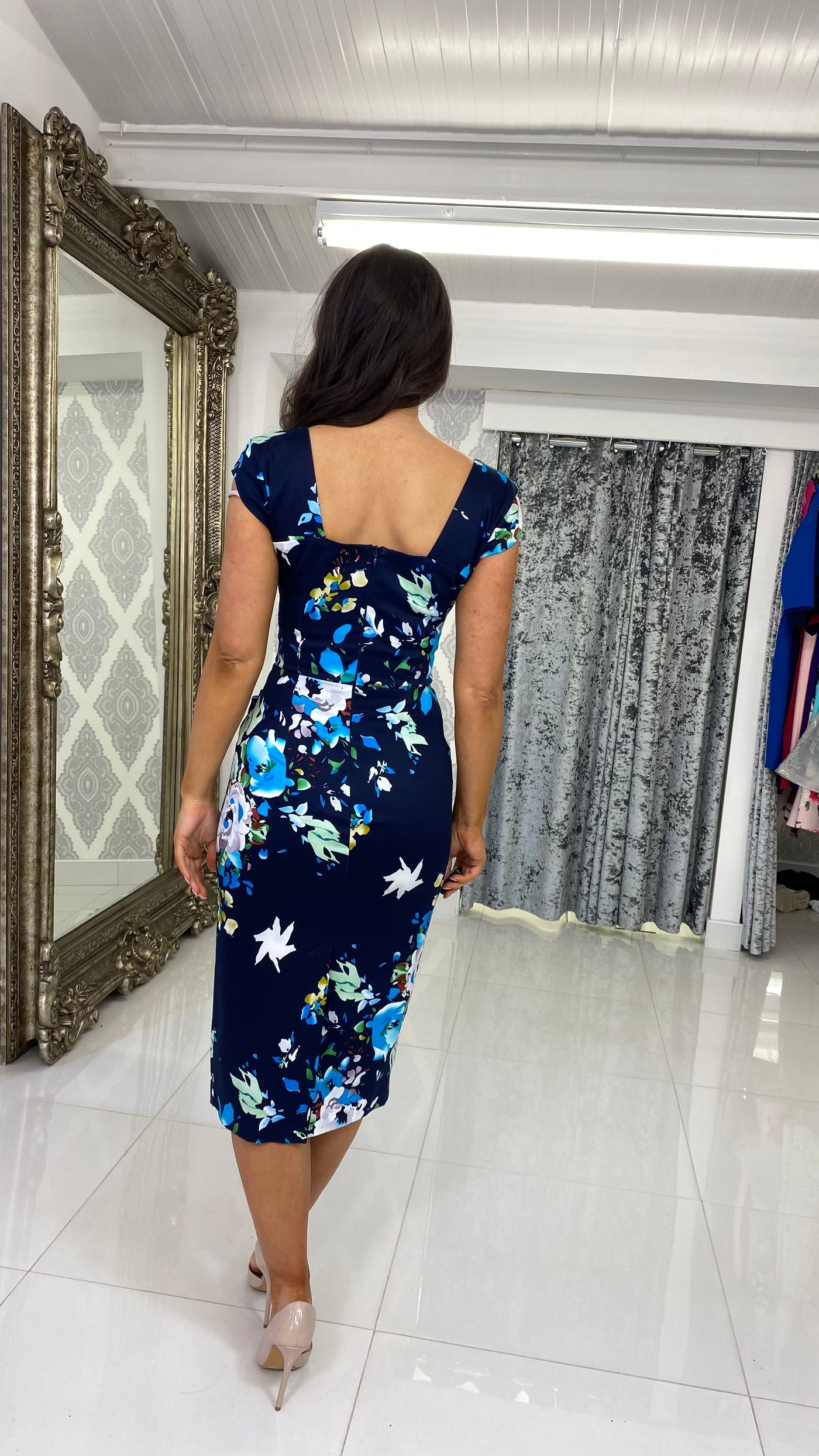 Navy Floral Square Neck Pencil Dress