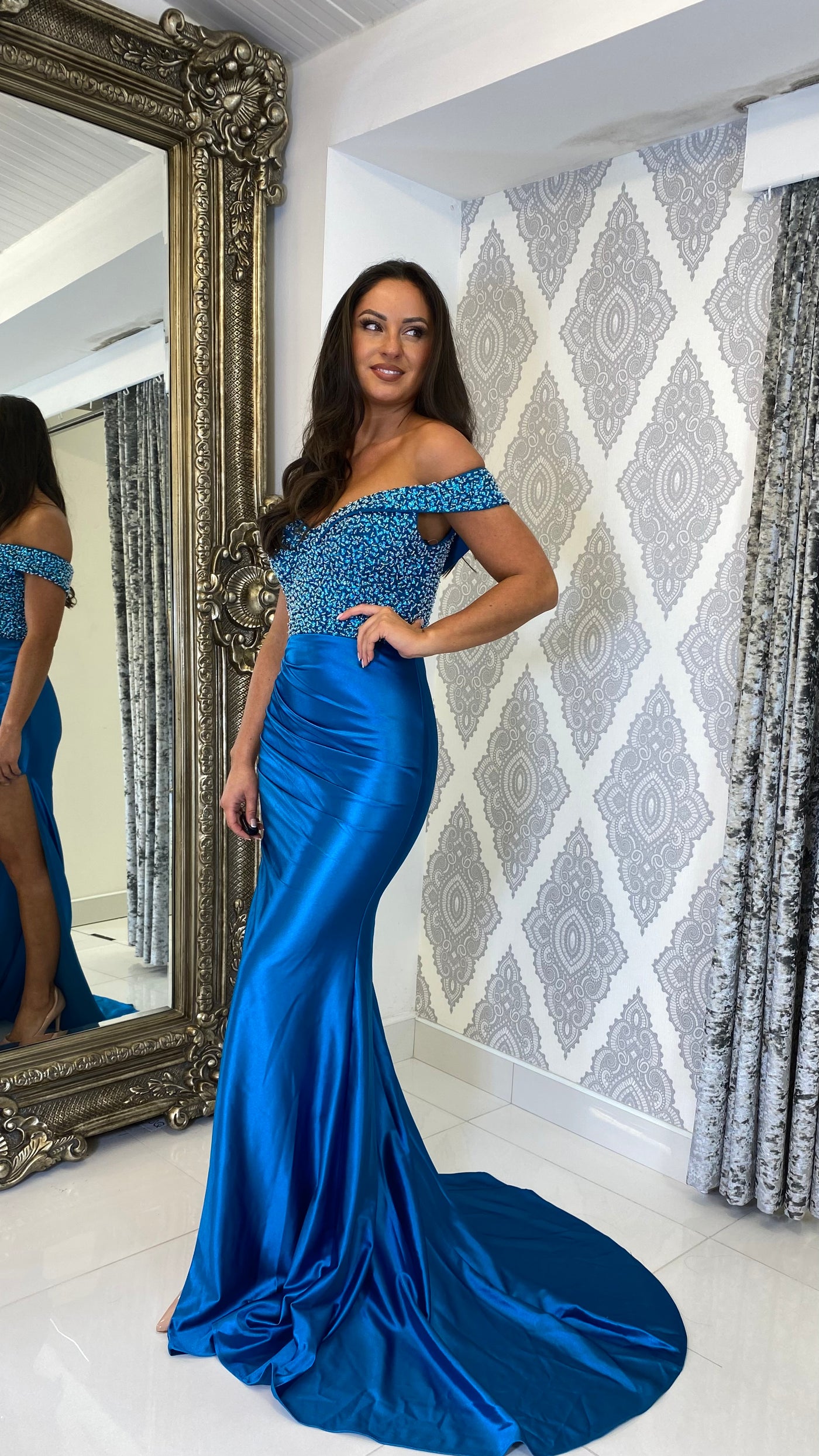 Teal Sequin Top Bardot Formal Gown