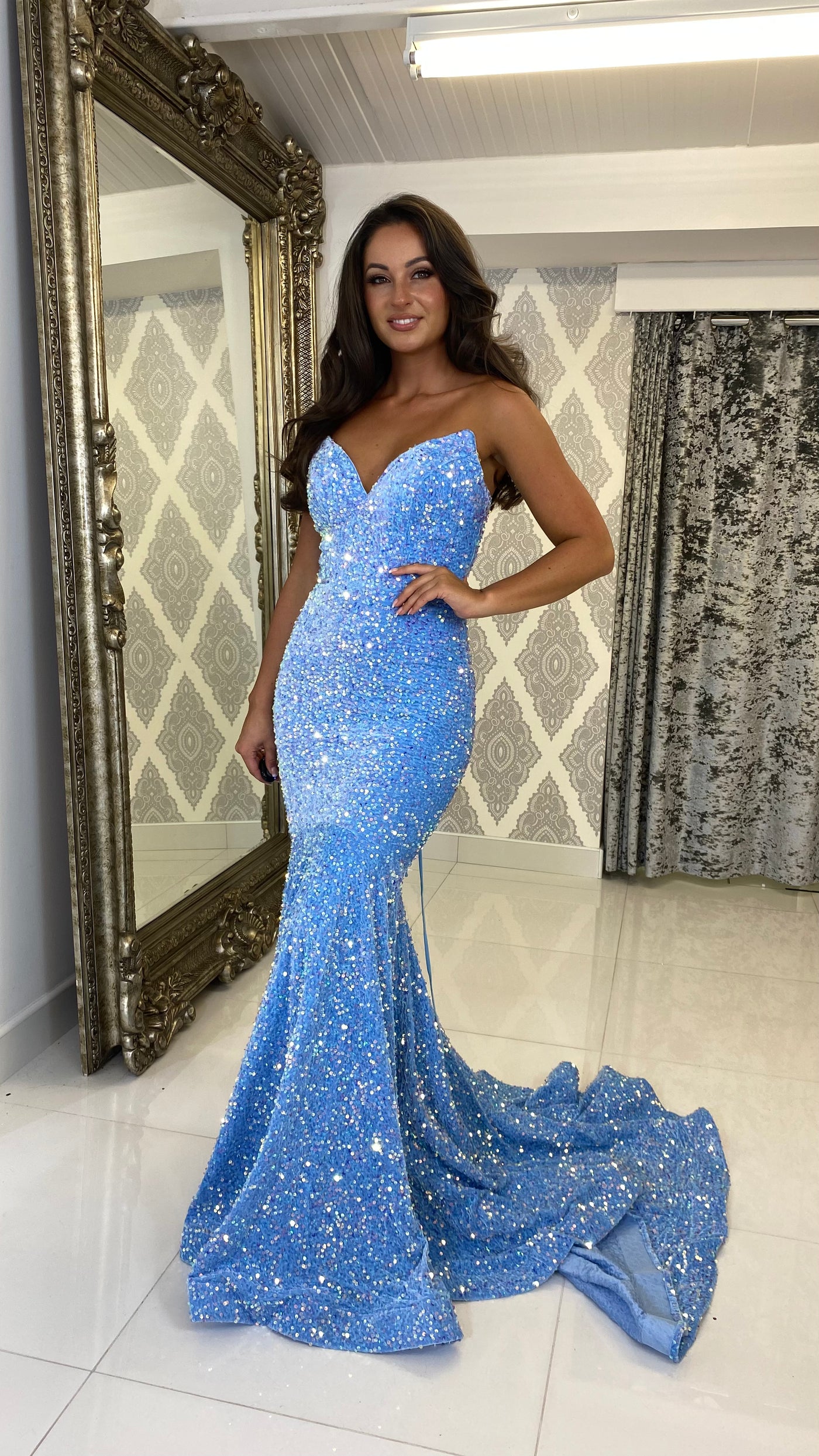 Light Blue Sequin Strapless Lace-up Evening Gown – Rosies Closet