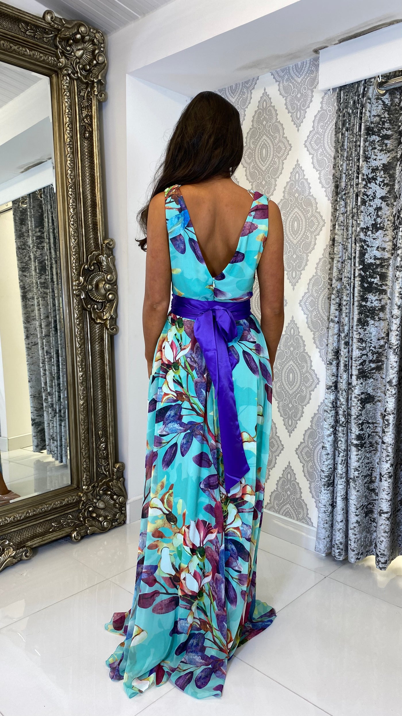 Turquoise Floral Maxi With Leg Split