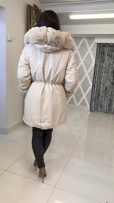 Cream Faux Fur Long Puffer Coat