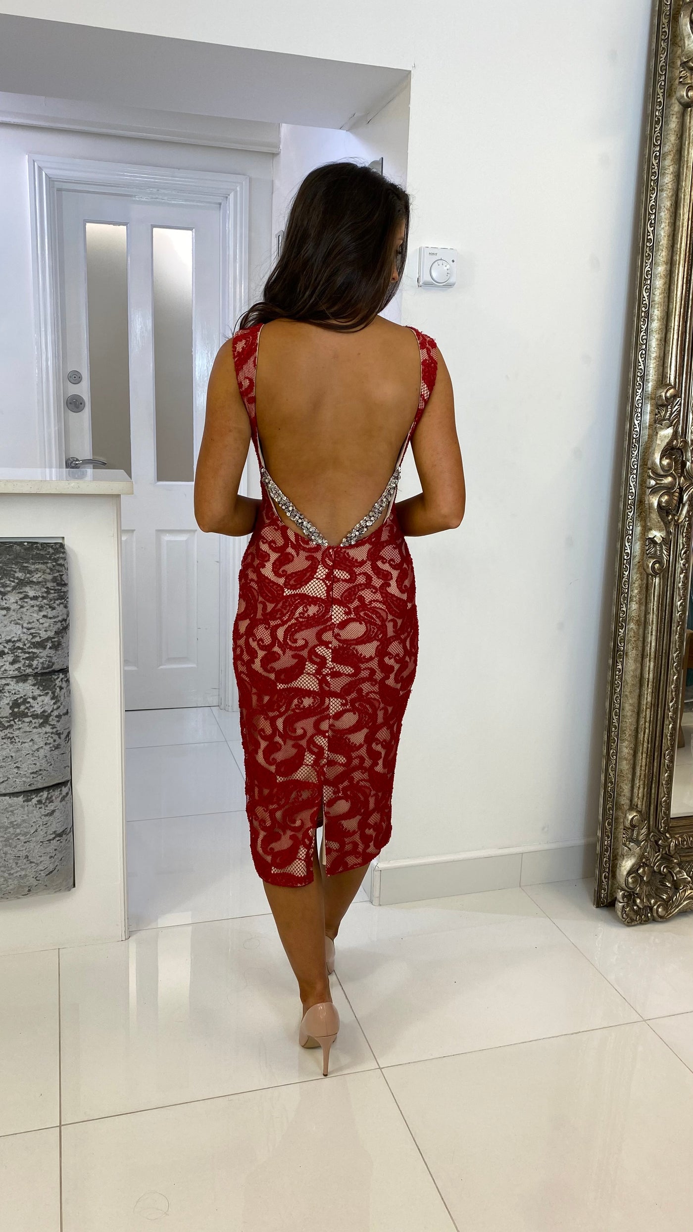 Red and Nude Lace Backless Midi Dress