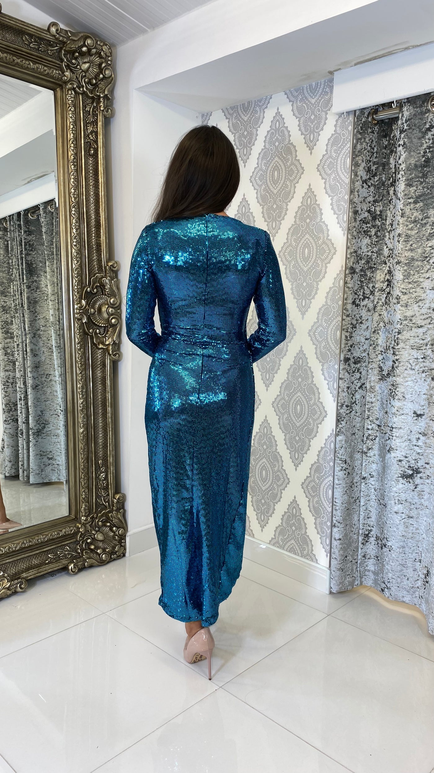 Petrol Blue Sequin Midi Wrap Cocktail Dress