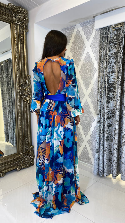 Blue Floral Long Sleeve Maxi With Leg Split