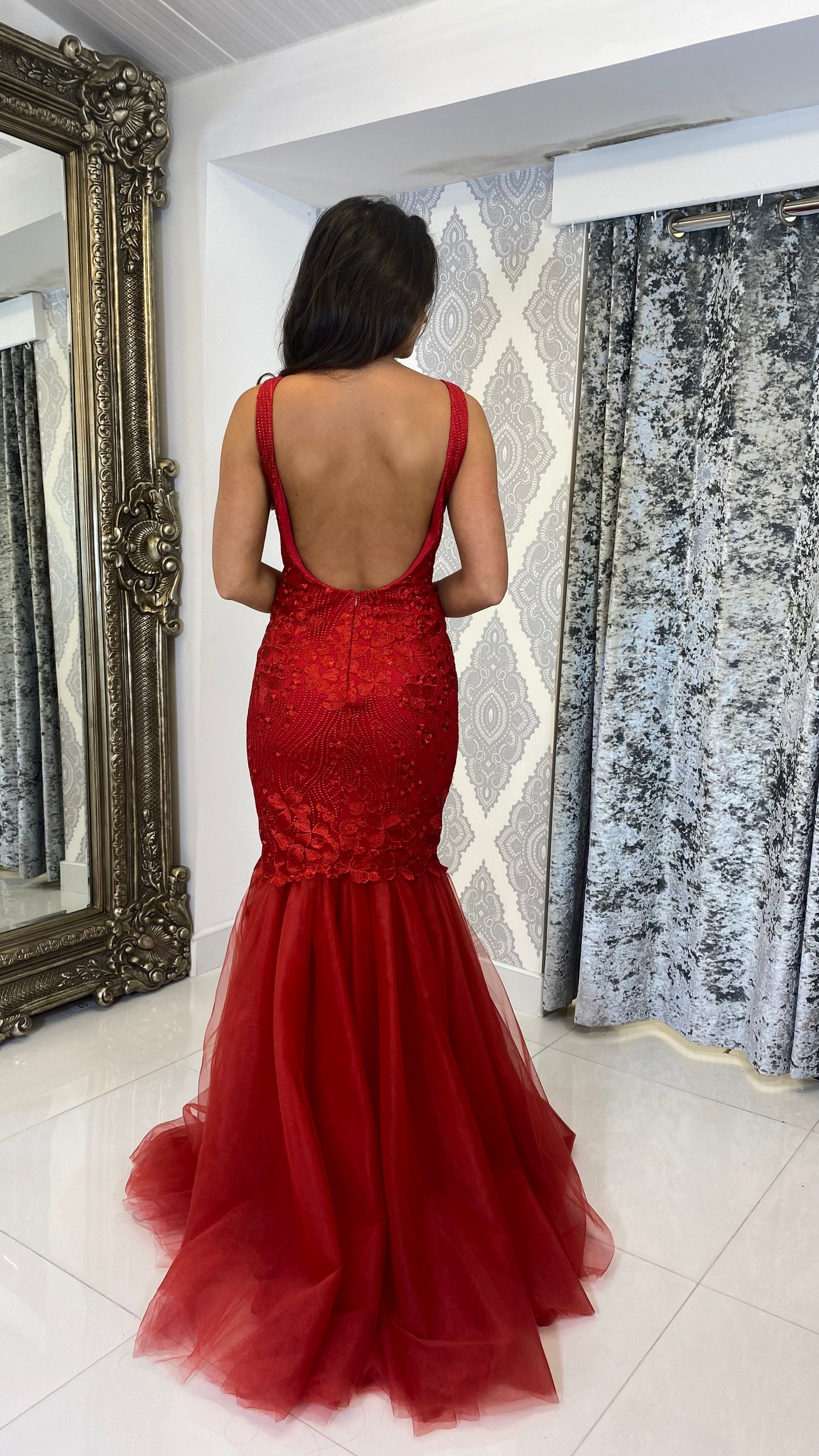 Red Lace High Neck Backless Fishtail Evening Gown