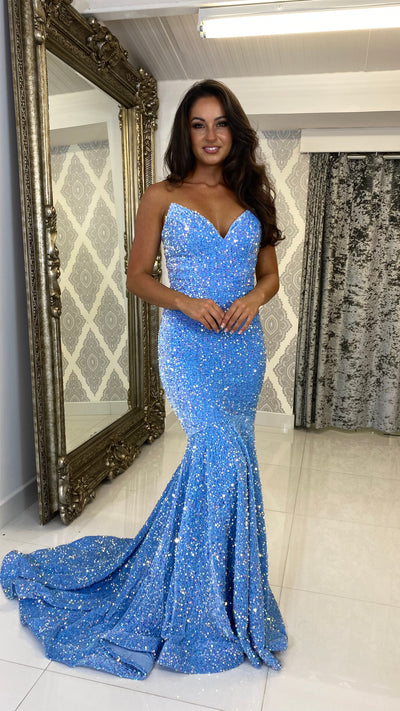 Light Blue Sequin Strapless Lace-up Evening Gown