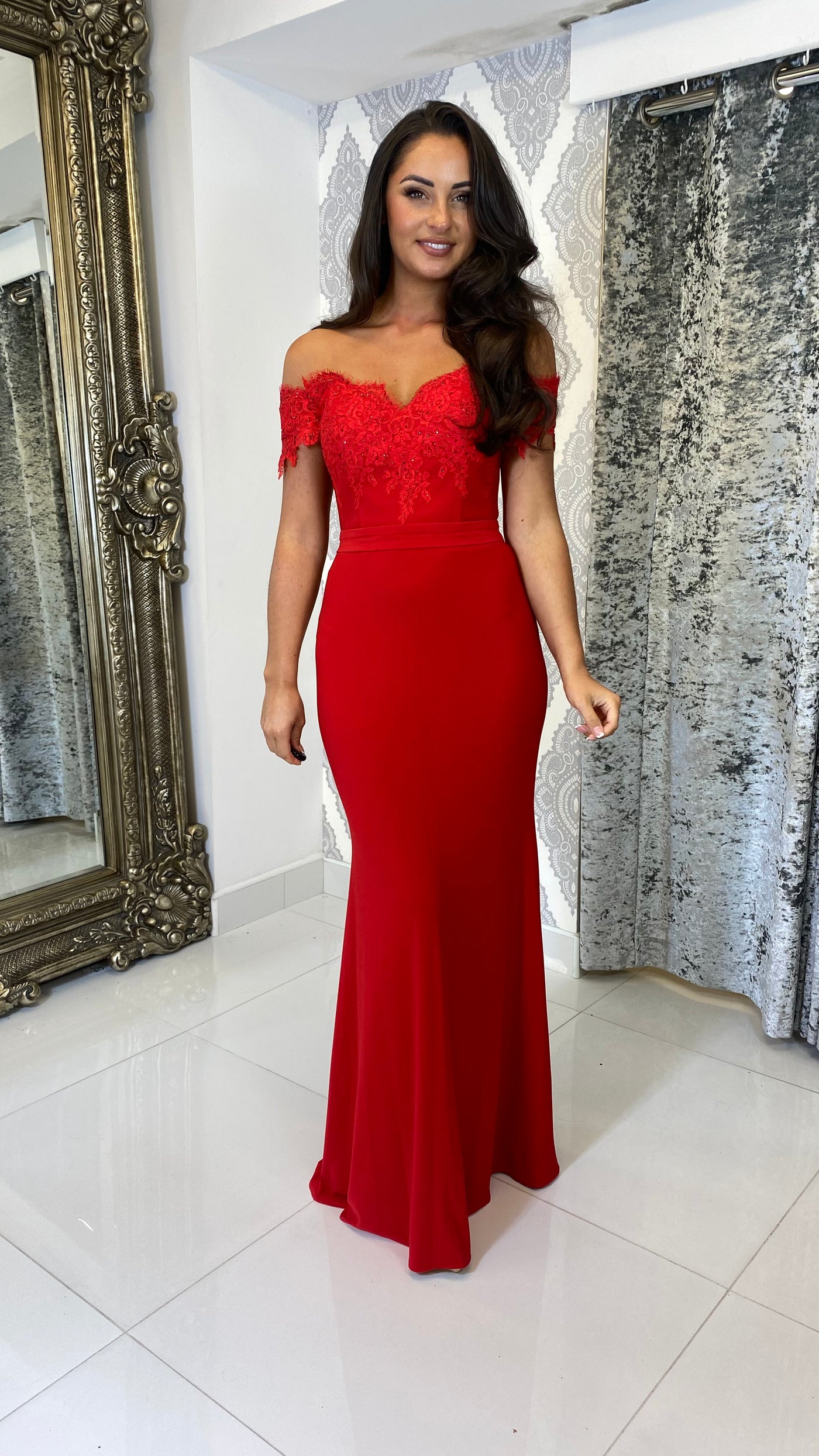 Red Lace Top Bardot Evening Gown