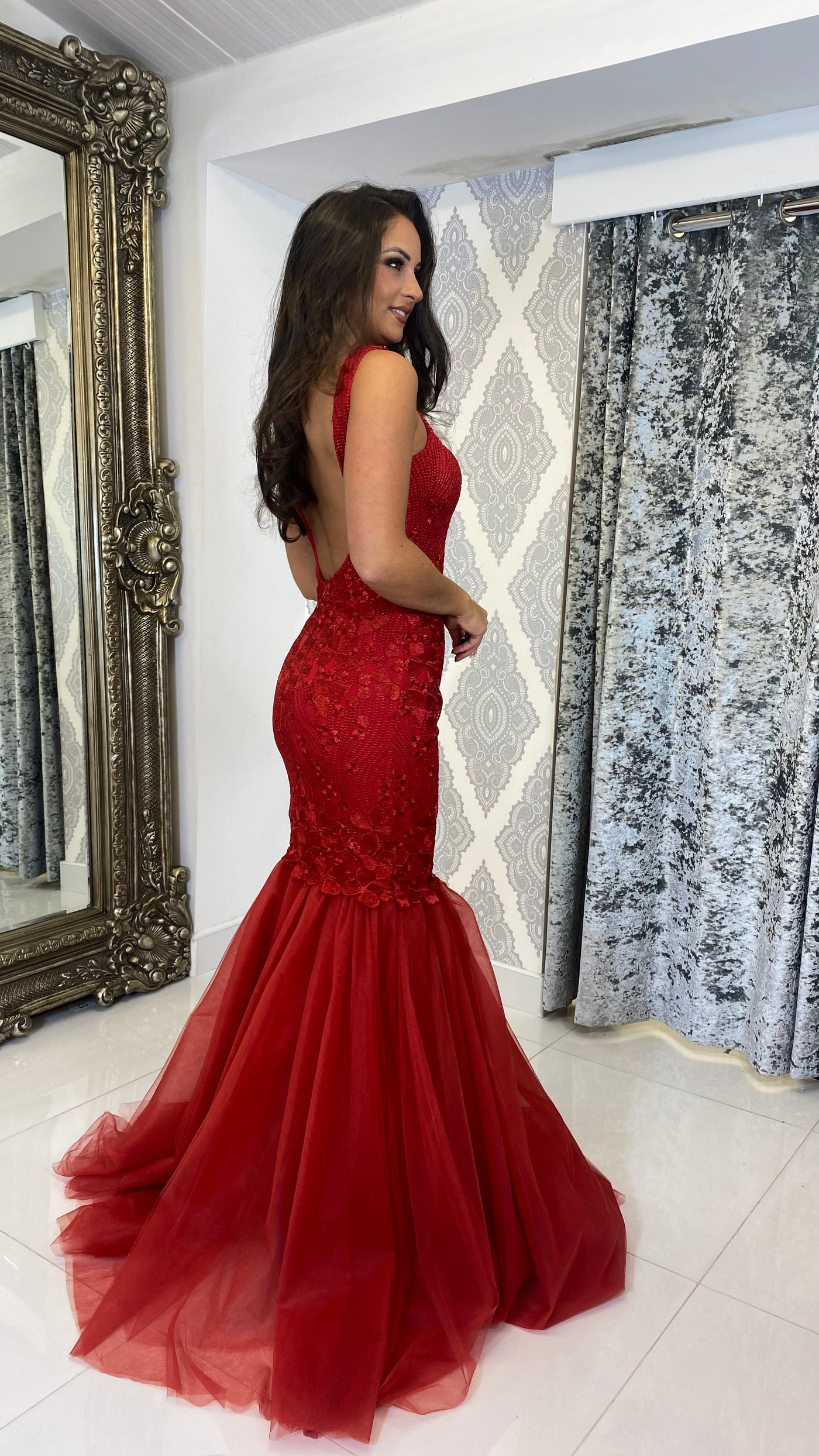 Red Lace High Neck Backless Fishtail Evening Gown