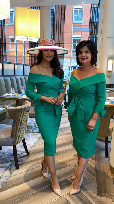Emerald Green Bardot 3/4 Sleeve Belted Debs Dress