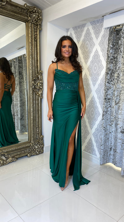 Green Drape Detail Evening Gown