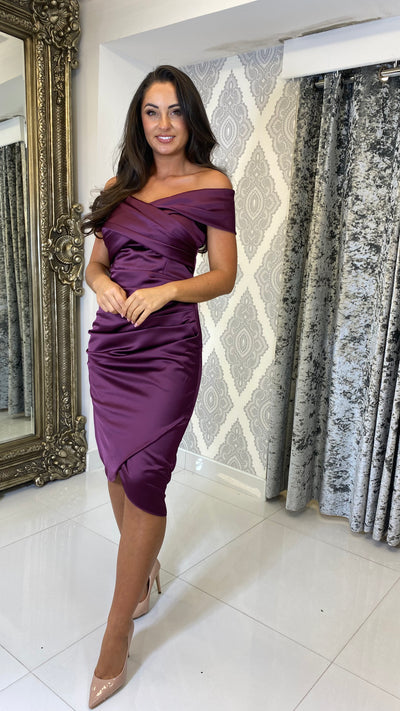 Plum Satin Bardot Midi Dress