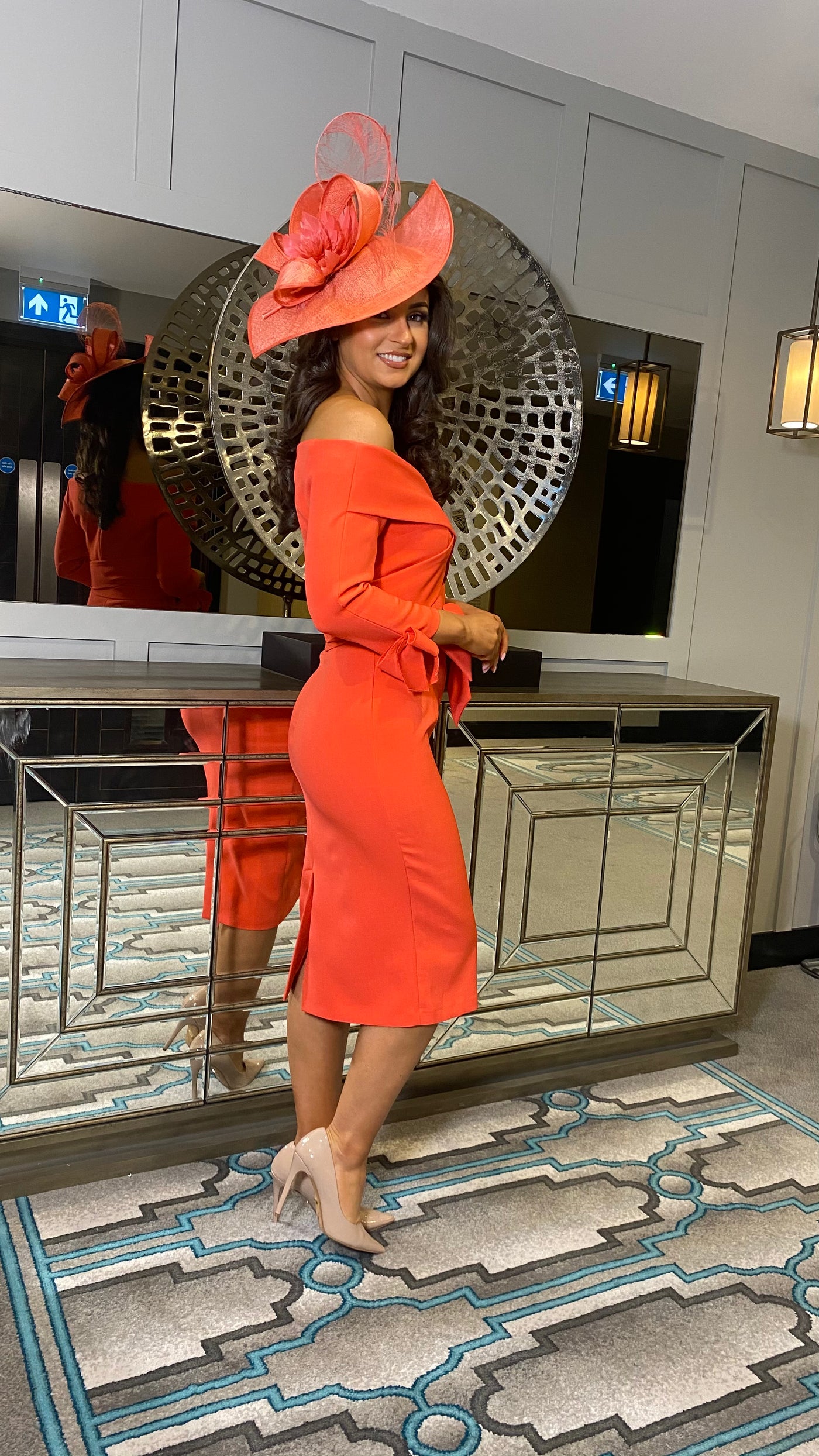 Grenadine Orange Bardot 3/4 Sleeve Belted Dress