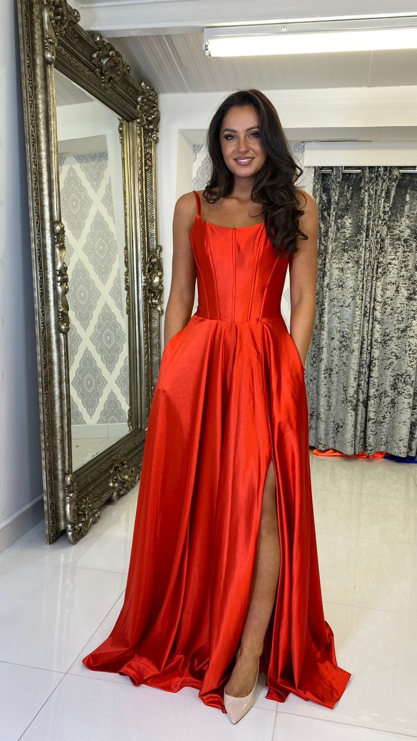 Rust Red Corset Satin Ball Gown