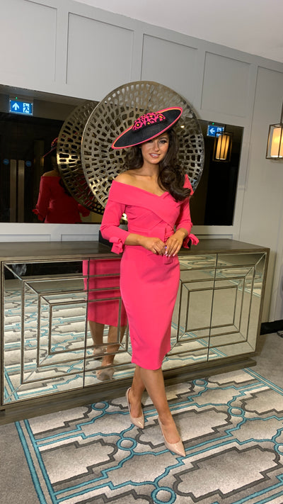 Fuchsia Bardot 3/4 Sleeve Belted Dress
