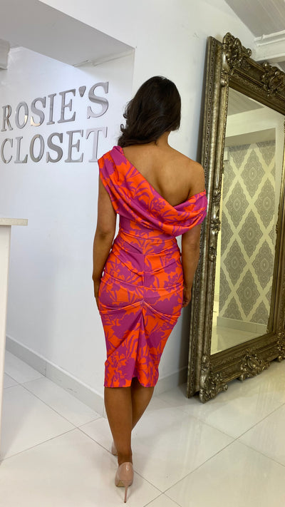 Pink and Orange Drape Shoulder Midi Bodycon Dress