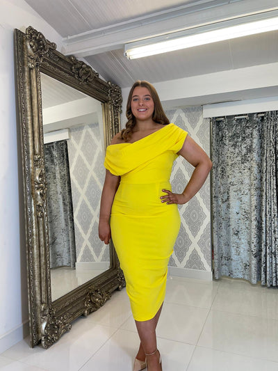 Yellow Drape Shoulder Midi Dress