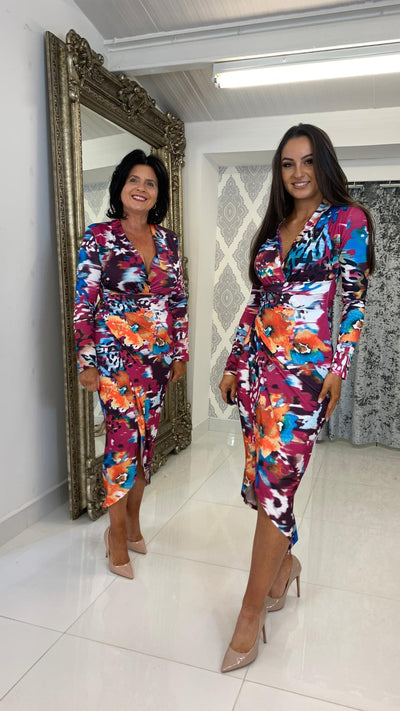 Fuchsia & Orange Print Midi Ruched dress