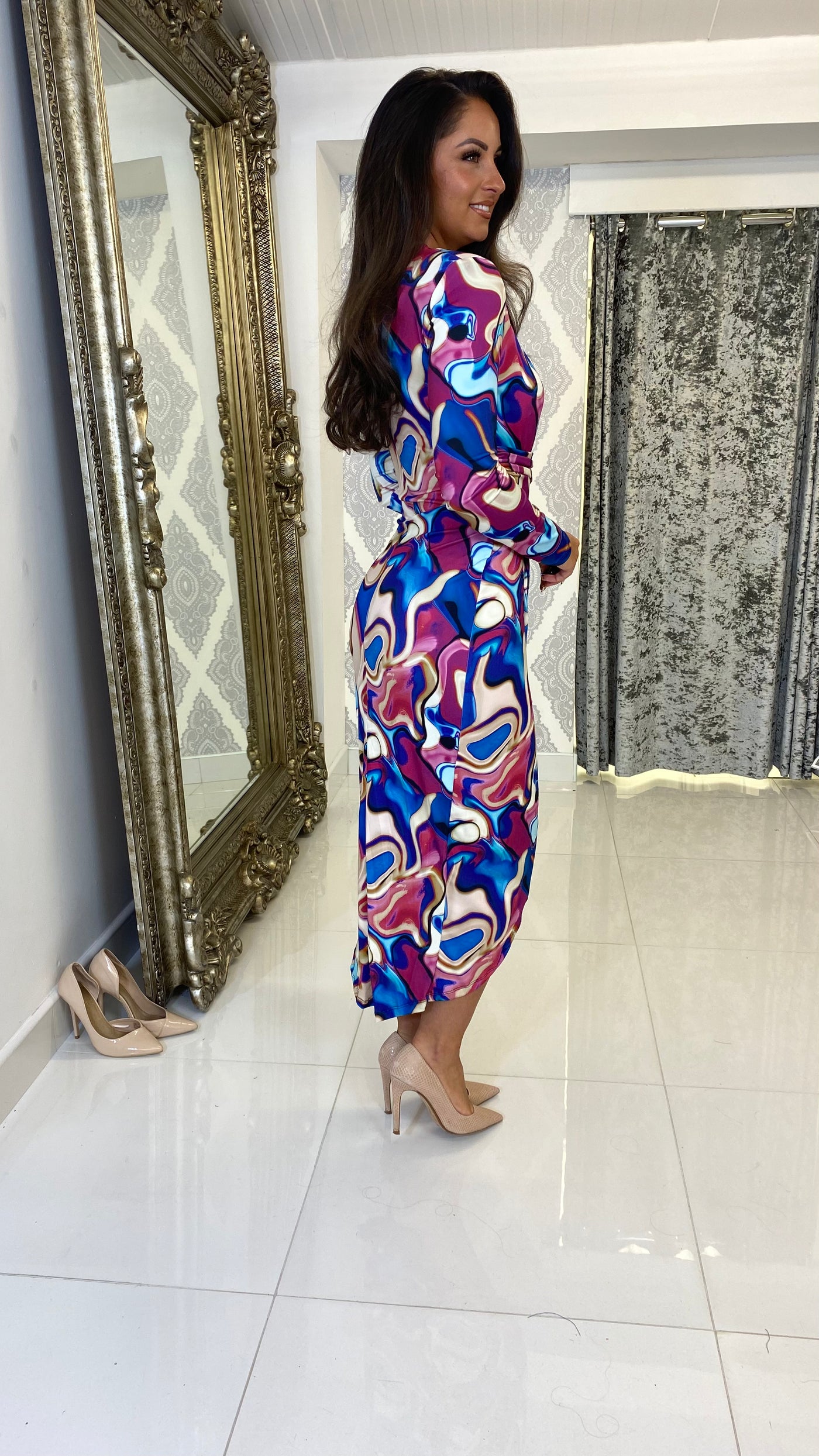 Turquoise Swirl Print Midi Ruched dress