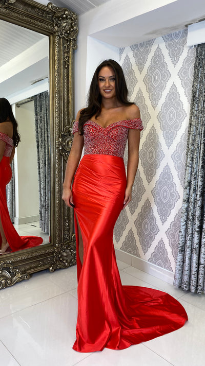 Red Sequin Top Bardot Formal Gown