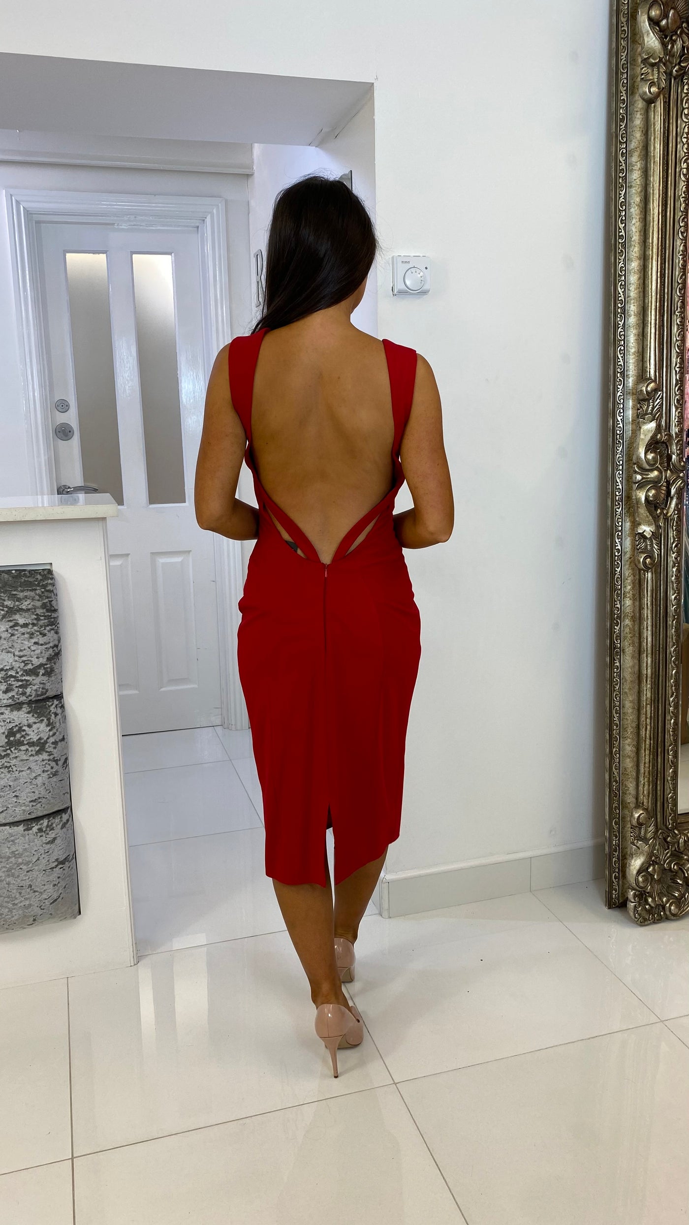 Red Strappy Backless Midi Dress