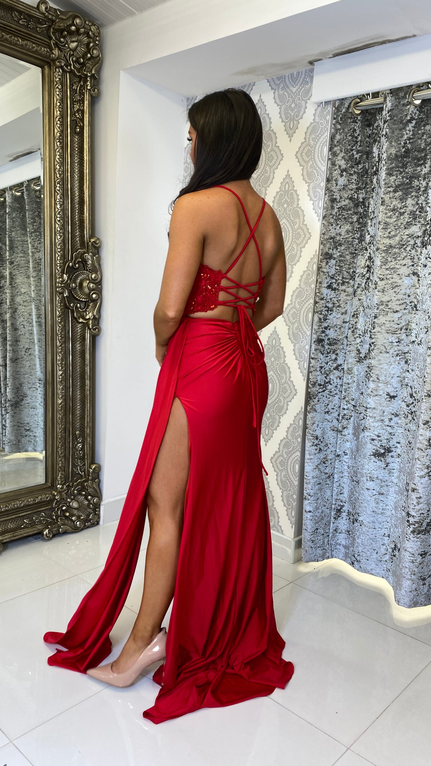Red Drape Detail Corset Evening Gown