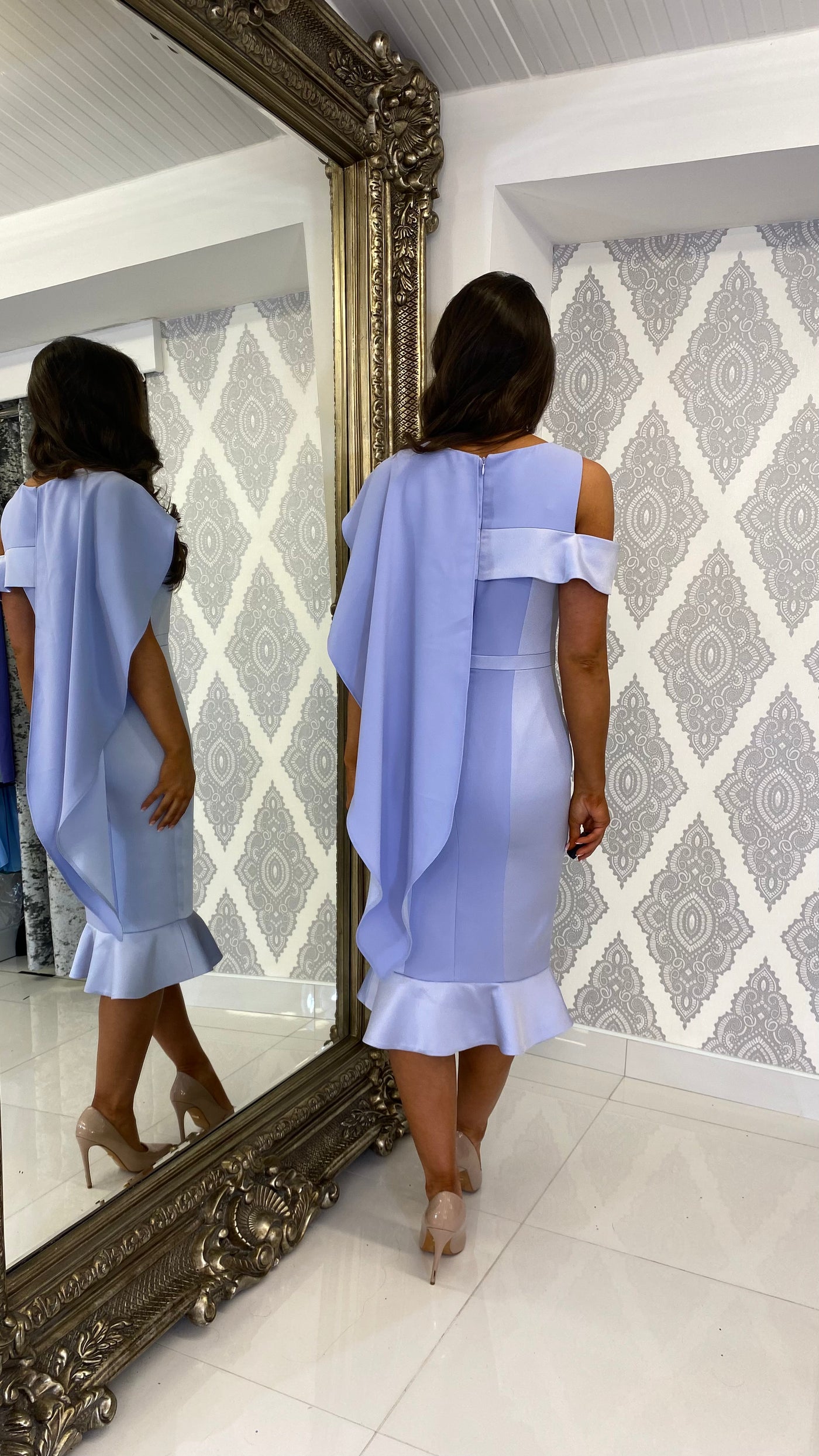 Soft Lilac Cold Shoulder Midi Wedding Guest Dress With Cape – Rosies Closet Soft Lilac Cold Shoulder Midi Wedding Guest Dress With Cape – Rosies Closet