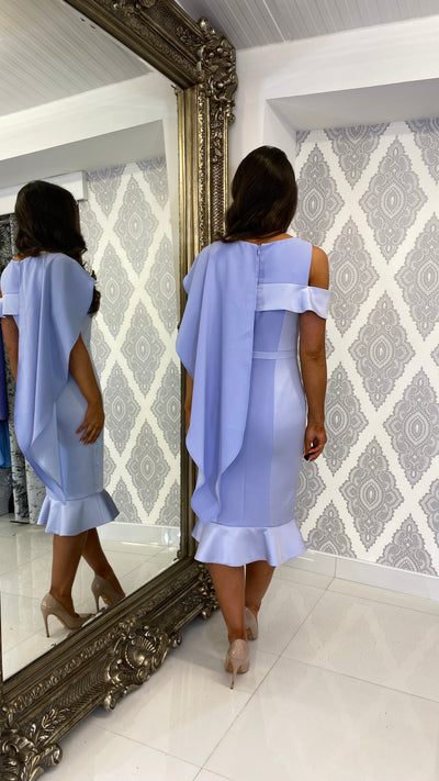 Soft Lilac Cold Shoulder Midi Wedding Guest Dress With Cape