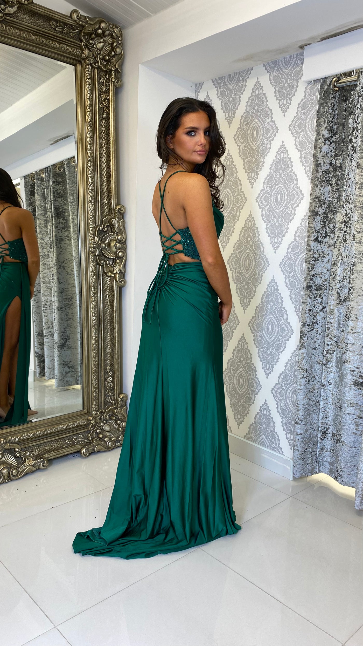 Green Drape Detail Evening Gown