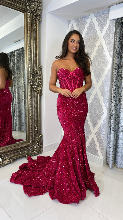 Fuchsia Sequin Corset Strapless Evening Gown
