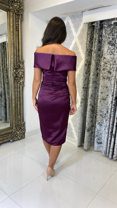 Plum Satin Bardot Midi Dress