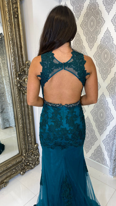 Green Lace High Neck Backless Evening Gown