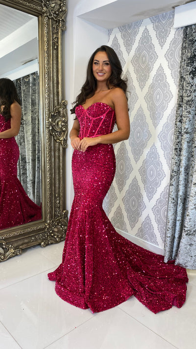 Fuchsia Sequin Corset Strapless Evening Gown
