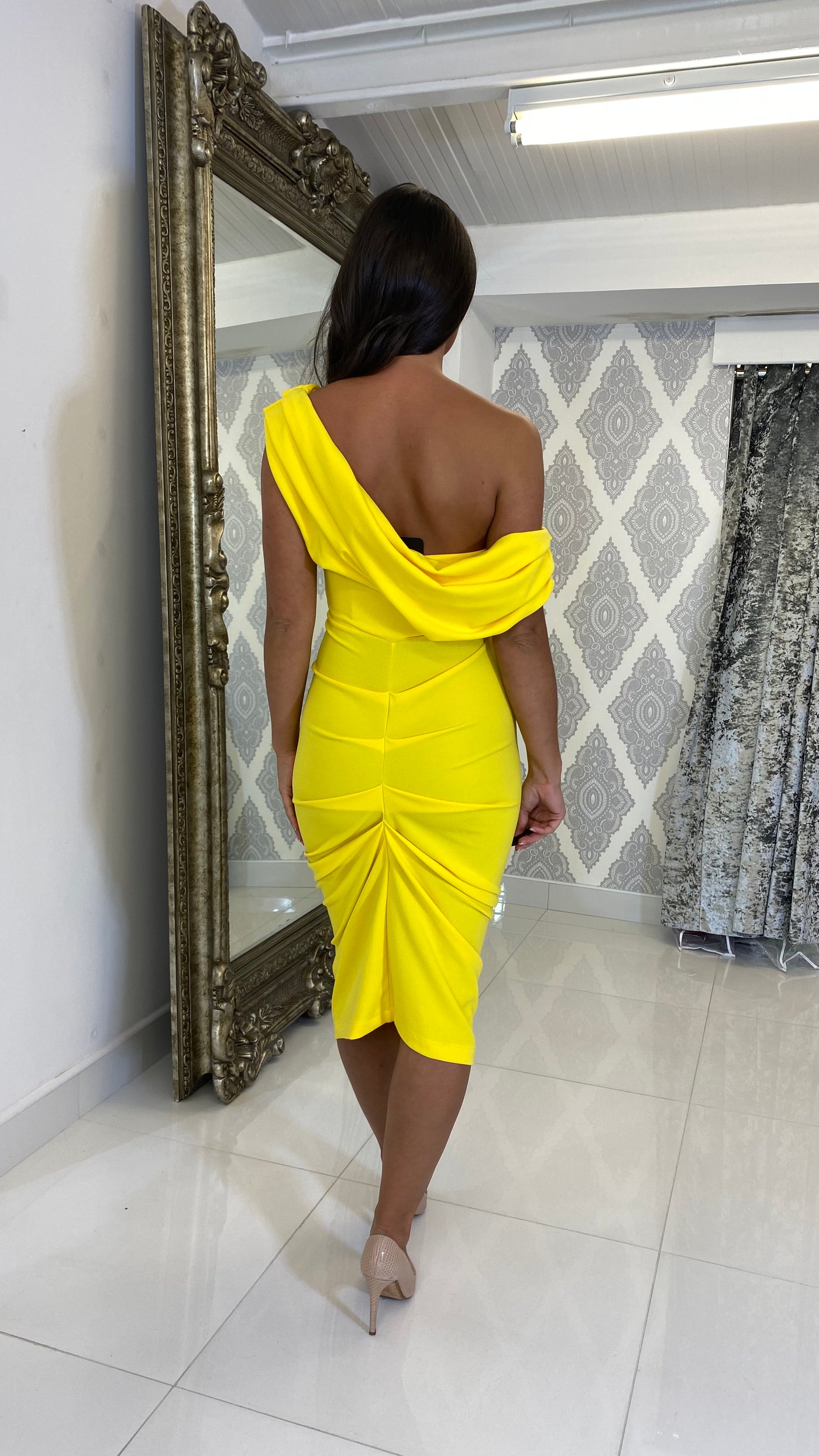 Yellow Drape Shoulder Midi Dress